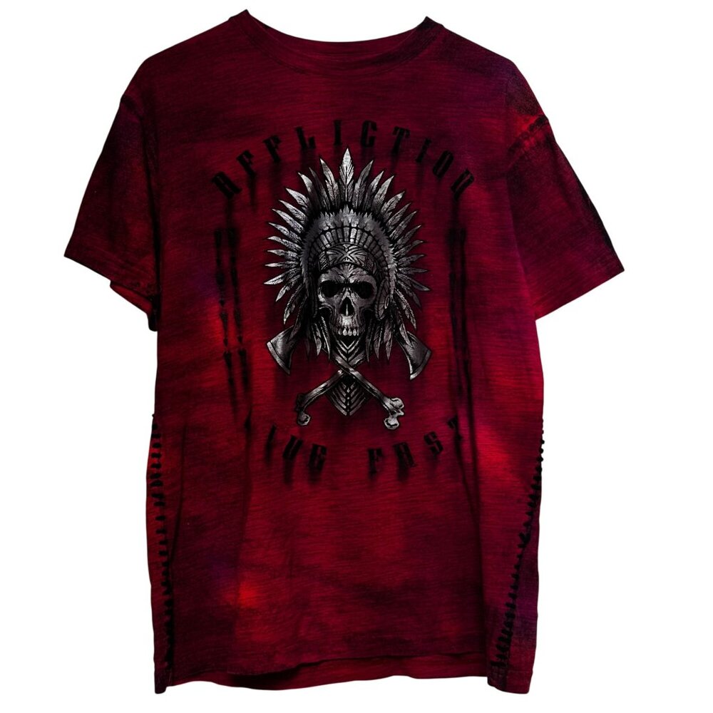 AFFLICTION Live Fast Native Indian Skull Short Sl. T-Shirt Metallic Men's size L